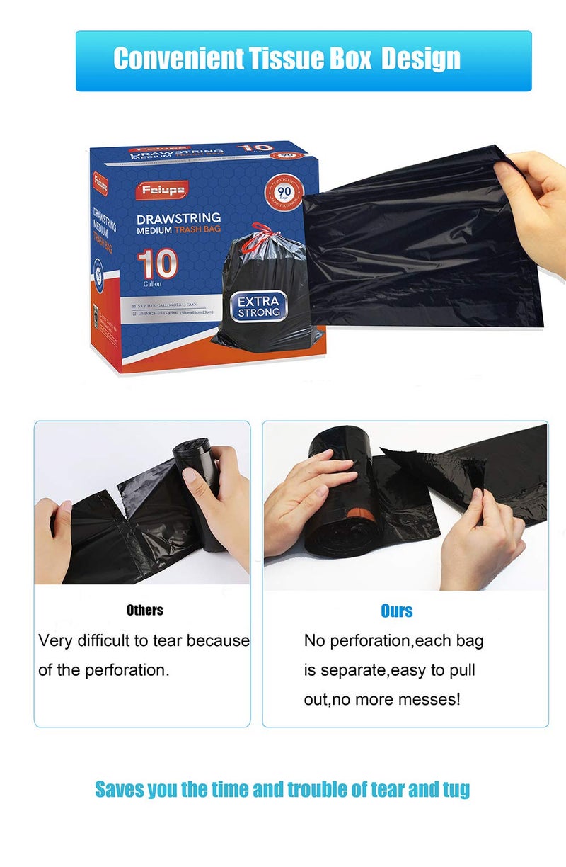 Feiupe 10 Gallon Drawstring Trash Bag Garbage Bag Trash Can Liner,0.9 Mil,90 Count (Black, 10 Gallon) - Image 4
